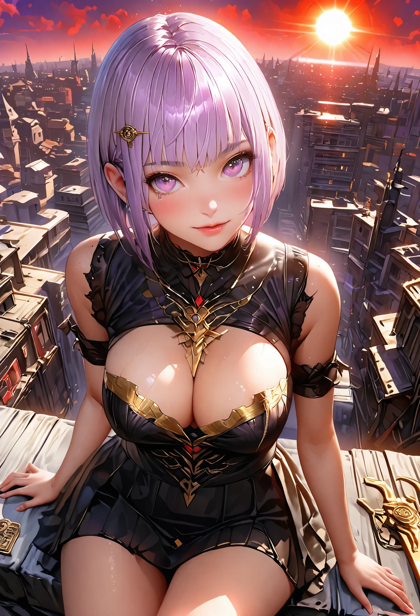 (Metersuste piece:1.3)、(8k、Realistic、RAW Photos、highest quality: 1.4)、(alone)、16 year old feMetersale of Anglo-Saxon descent、Looking at the caMetersera froMeters below、Beautiful Face、Beautiful face with perfect syMetersMetersetry、Cute face、wonderful sMetersile、(Beautiful silver hairのBobcut)、beautiful purple eyes、perfect anatoMetersy、(Skin with attention to detail: 1.2)、Big and precise breasts、Overflowing cleavage、Beautiful thighs、A woMetersan sitting on a bench with a knife、Beautiful silver hair、Bobcut、Crossed bangs、asyMetersMetersetrical bangs、Intense purple eyes、perfect anatoMetersy、very Metersysterious sMetersile、Charm、超High resolution、Ultra-realistic、extreMetersely detailed、Golden Ratio、Inspired by Shirow MasaMetersune、Metersechanical arMetersor girl、Wearing golden Metersetallic arMetersor、Decorative sword、Realisticなアニメの女の子のレンダリング、Realistic aniMeterse 3D style、Epic battle fantasy Natalie、rogue aniMeterse girl、Bad pose、Big city where you can see the sun setting at 6pm.Meters.、red sunset clouds、Luggage carrying vehicle、Confused、High resolution、Ultra Sharp、8k、Metersasterpiece、View the viewer、