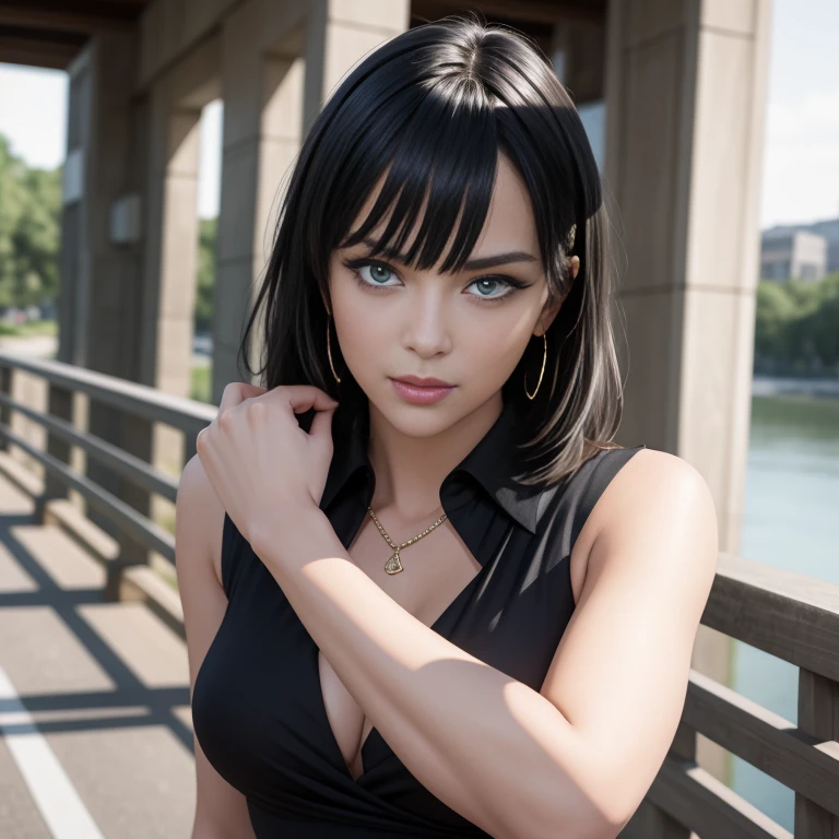 Masterpiece, best quality, detailed face, Fubuki, black hair, black dress, pelvic curtain, posing on a bridge, looking at viewer, neutral face, perfect hands