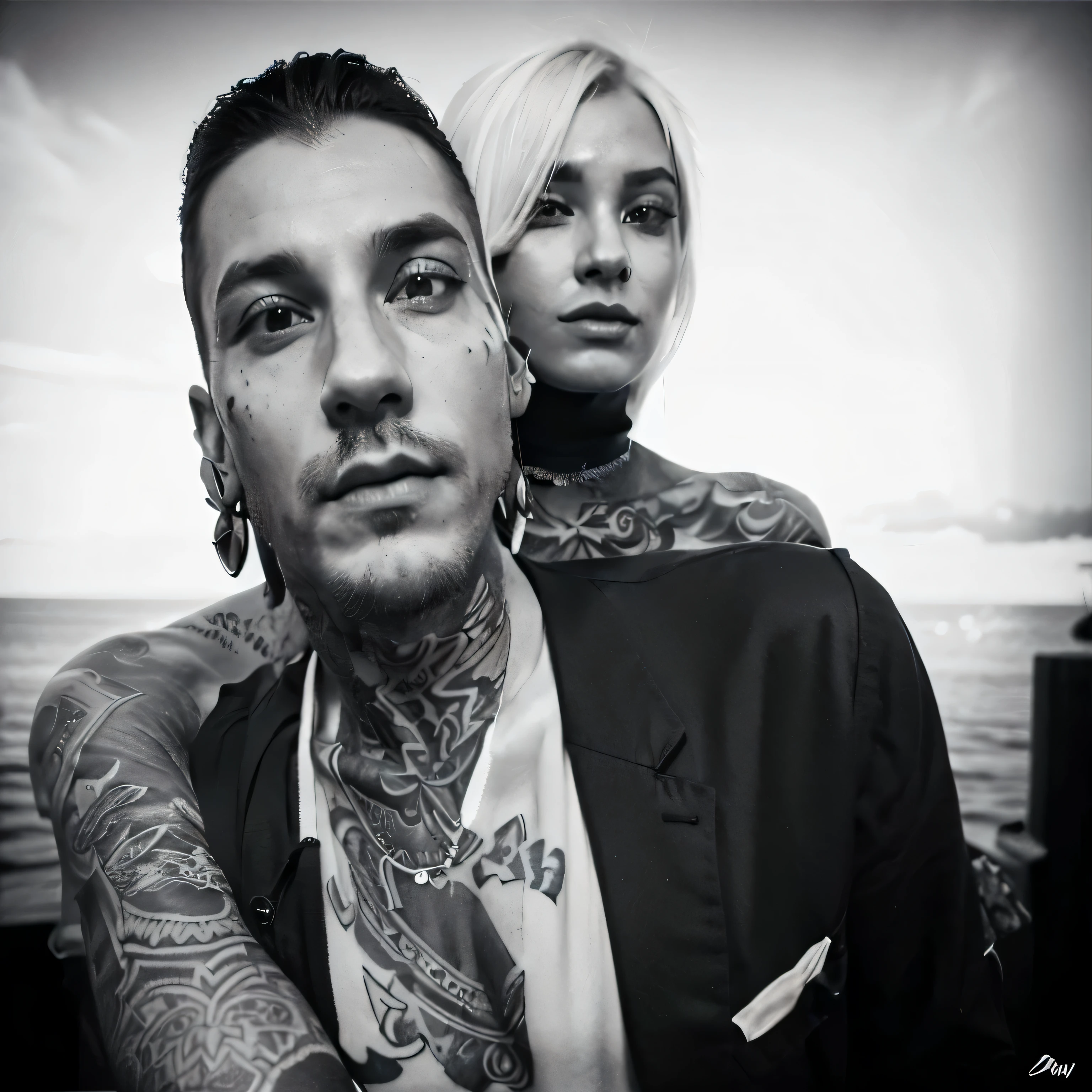 there is a man with a tattoo on his trouth and chest and a woman standing behind, imvu, black & white, perfect shading, tattooed, inked, inspired by Allan Linder, with tattoos, second life avatar, b&w!, daz. detailed, inspired by Gabor Szikszai, monochrome bw, b&w photo, in black and white