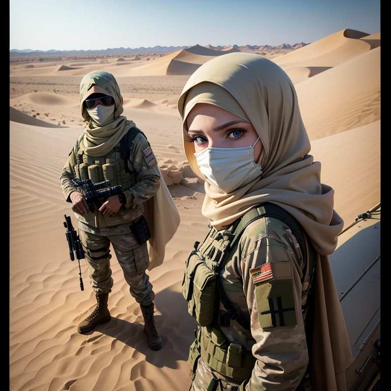 Camouflage military jeep, a blonde beautiful young girl stands next to ...