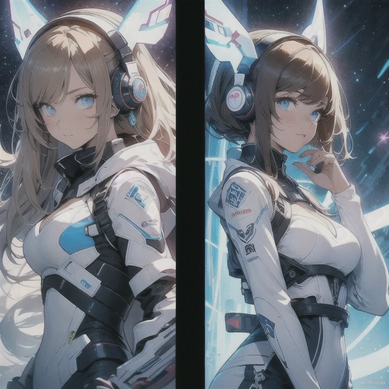 Multiple Views of the same character,Charterner v2, One girl, Slender figure, (Headphones),Brown Hair, Long Hair, blue eyes, same clothes, Concept Art, detailed_face, line_sketch, plan, Official Art, Official Alternative Costumes, Design style, multi style, detailed character, 4_~ side, original, 8K GC, massive detailed, Multiple Views of the same character, character, technical illustration, Multiple Views,masterpiece,highest quality(masterpiece, highest quality), 32k,(非常にdetailedな美しい女性), Poster,SF,Bauhaus, shape, Abstract,movie Poster, Vintage,Retro,Future Anime,The ultimate map,highlight,Headphones,Very detailed glowing eyes,Cleavage,Complex patterns,stylish hairstyle,fluorescence((White clothes)),Starry Sky,cyber punk