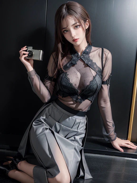 非常にdetailed, thorough solution, 非常にdetailedな美しい女の子, 非常にdetailed face, (Very beautiful eyes:1.8), the nose has the correct shape., expressive lips, (Movie Scenes,Fantasy art,最high quality,high quality,High resolution,high qualityの質感,Attention to detail,Beautiful details,detailed,非常にdetailedなCG,detailedテクスチャー,Realistic facial expressions), Tokyo Metro、subway、in the train、水平Sheet、Sheet、Please sit down、View from above、非常にdetailedな肌,curve,(Covered nipples:0.8),Beautiful breasts,Small breasts,Pale skin,Pointed Chest,Erect nipples,(very thin hair),(Very soft hair),(Straight Short Hair),Very light coppery amber hair,very thin body,Smart abs,(gray long skirt:1.5), Open chest, Center of chest, Shiny , ((See through、Black lace blouse :1.3)) 、((full body shot)), (Camera angle from the ground:1.8)、((1 pair of GGX heels:1.2))