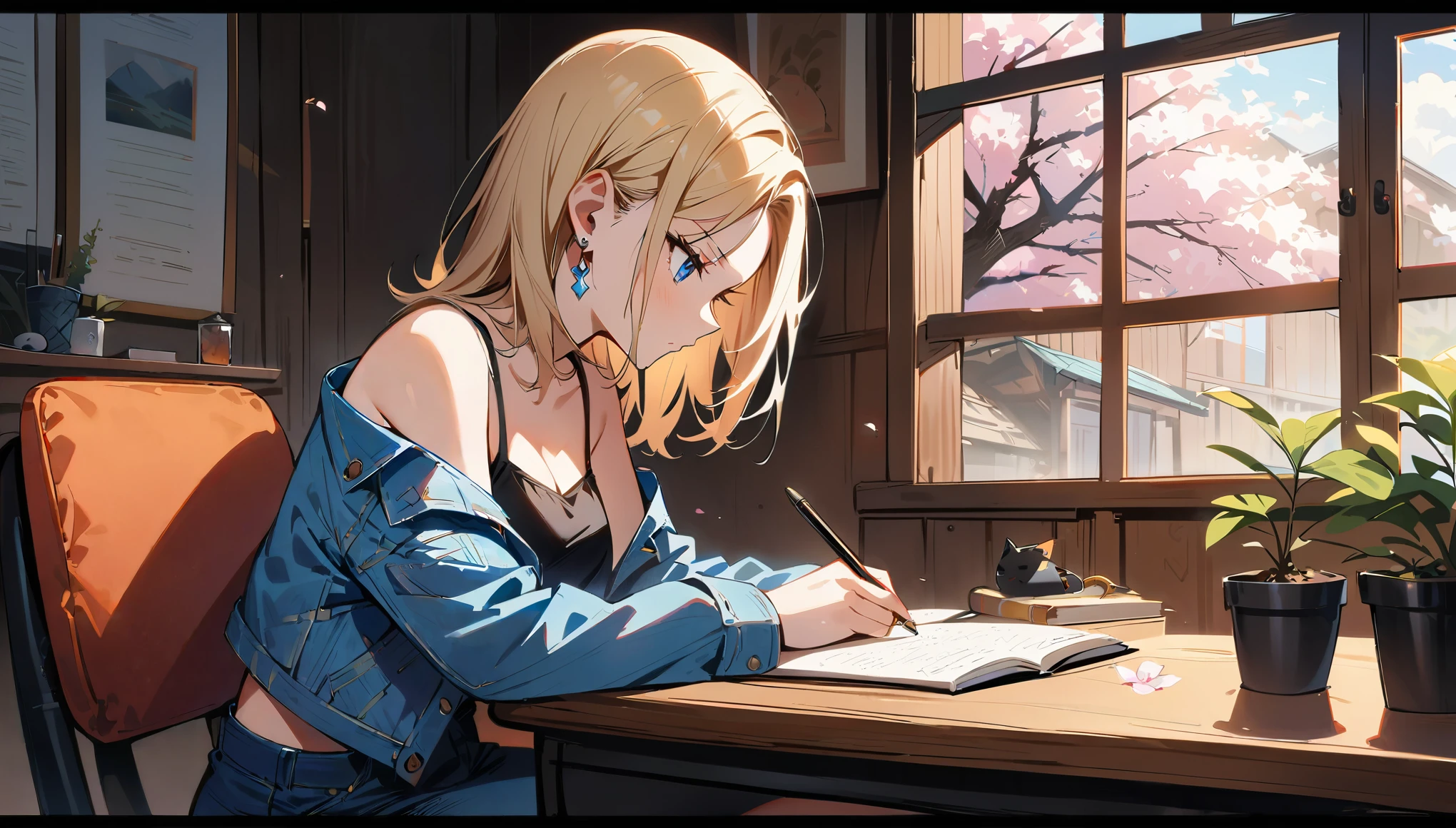 (masterpiece, best quality:1.2), 1girl, solo, Android 18 from Dragon Ball in her chic and pristine log cabin room, slender figure, (wearing white headphones), short blonde hair, blue eyes, earrings, jewelry, denim jacket, striped off-shoulder long sleeves, exposing her shoulders, black cropped camisole, denim skirt, black pantyhose, seated at her stylishly organized desk intently writing in a journal, completely absorbed in documenting her thoughts, desk has a modern desk lamp, potted plant, an additional small potted plant in the foreground, chic log cabin style wooden walls, minimalist yet tasteful room decor with no clutter, large window with cherry blossoms blooming outside, side view, 4K