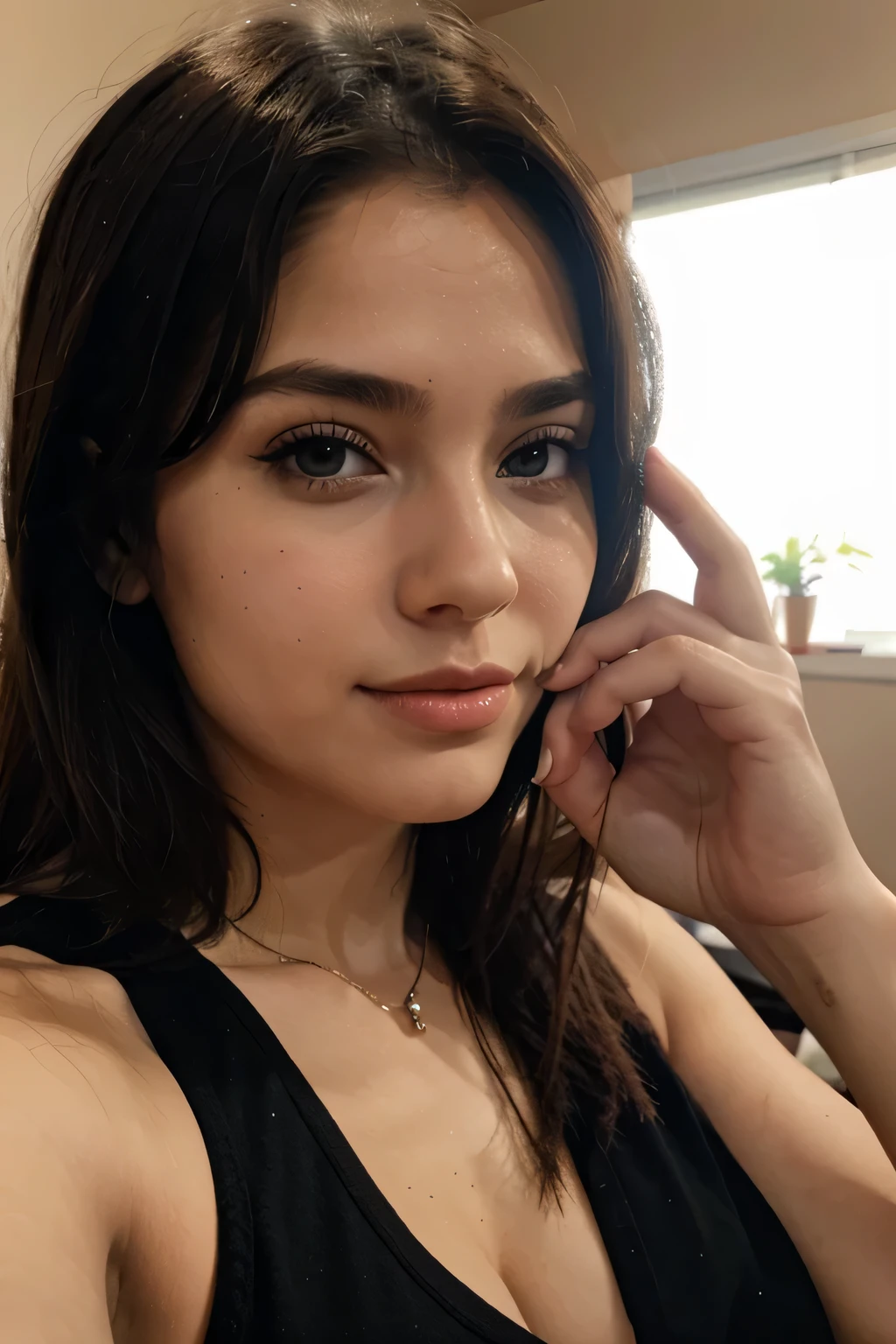 beatiful gamer girl, bright makeup, sitting at home, portrait, ultra realistic, phone photo