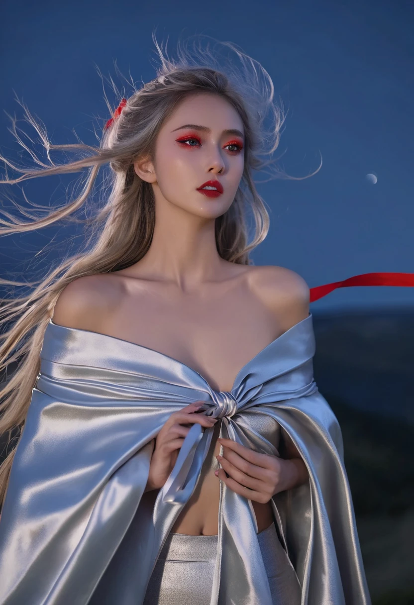 (RAW photo) , (detailed eyes:1.10) , (insane details), japanese , cute, 20 years old, long
windswept hair , red lips , ((((billowing silver satin cape tied at the neck:1.20)))+++,
((naked:1.20))++ , windy hillside, night , photo, realistic, best quality, hires, detailed face,
detailed background, Full body shot , depth of field,