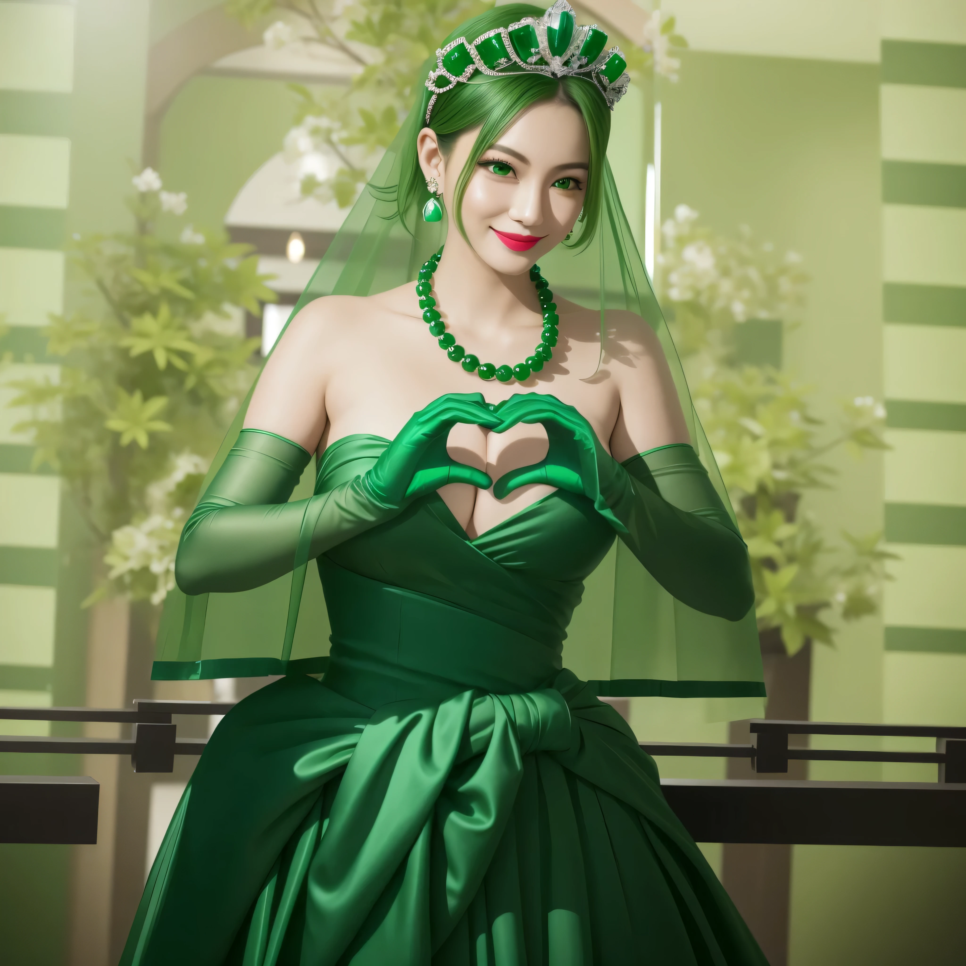 Emerald Tiara, Green Pearl Necklace, boyish very short green hair, Green Lips, Smiling Japanese woman, Very short hair, Beautiful woman with big breasts, Green Eyes, Green satin long gloves, Green Eyes, Emerald Earrings, Green Vale, Heart with both hands, Green Hair, Beautiful Japanese Women, Heart shaped hands:1.3, green lip gloss