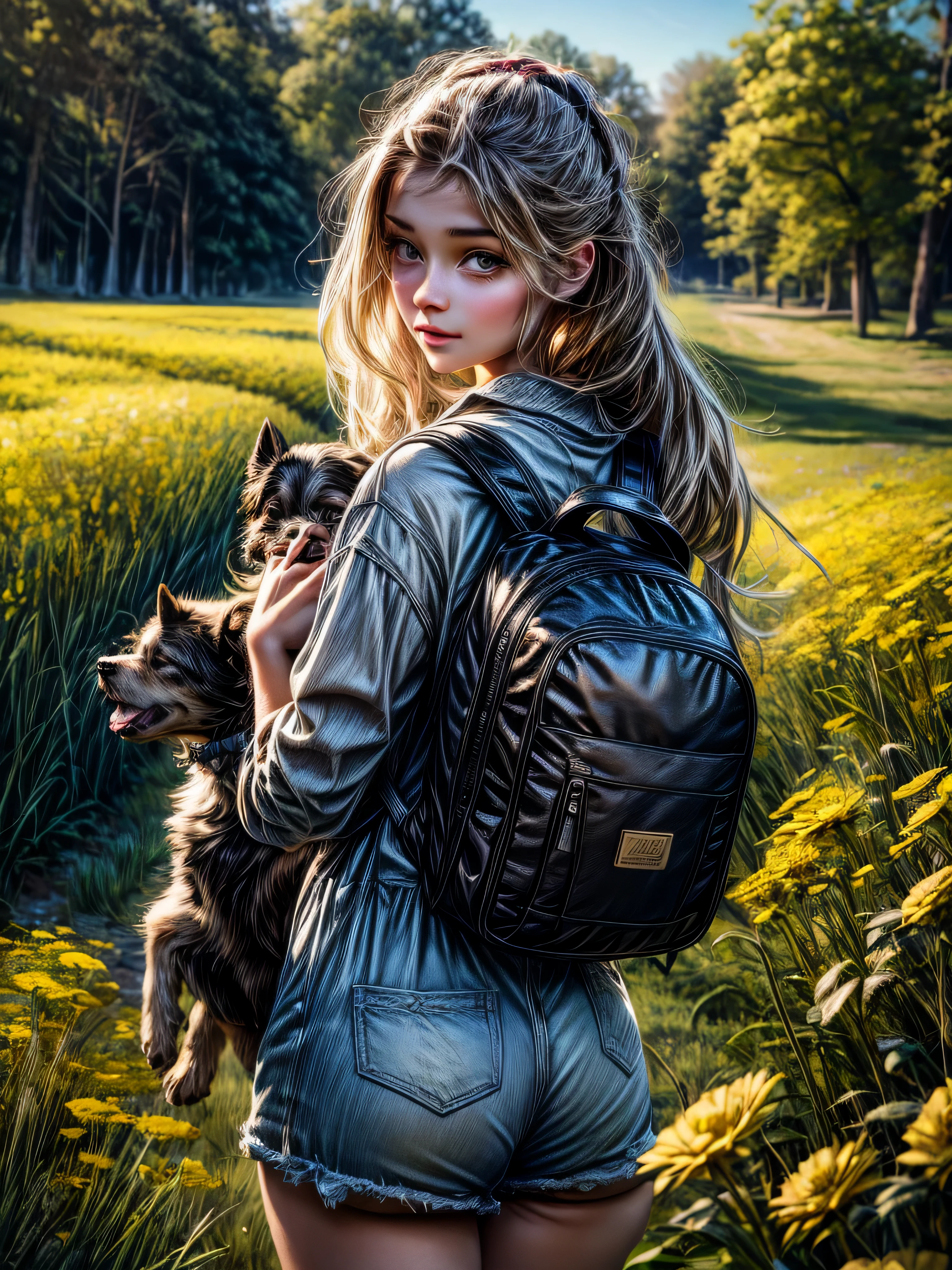 12 year old drawing, with long blond hair, with coconut, with sports clothes, on the bike, with rear view mirror and basket with three little black dogs