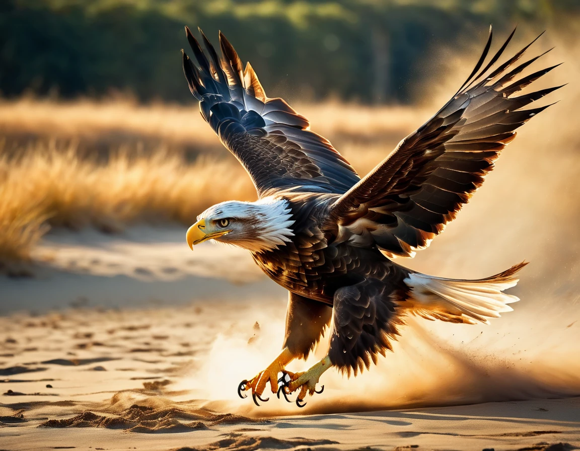 Draw a flying eagle landing on the ground,Motion Blur,wingの動きにブレを加えて躍動感を表現する,Wind,(Windのエフェクト),Landing scene,Scene Design,National Geographic,Photographed by a professional photographer,Fujifilm,A great photo capturing the moment of landing,Photorealistic,Intricate details,masterpiece,Beautiful light and shadow,Very realistic texture,wing,Anatomically correct,Ultra-realistic Eagle,Flying sand,halation