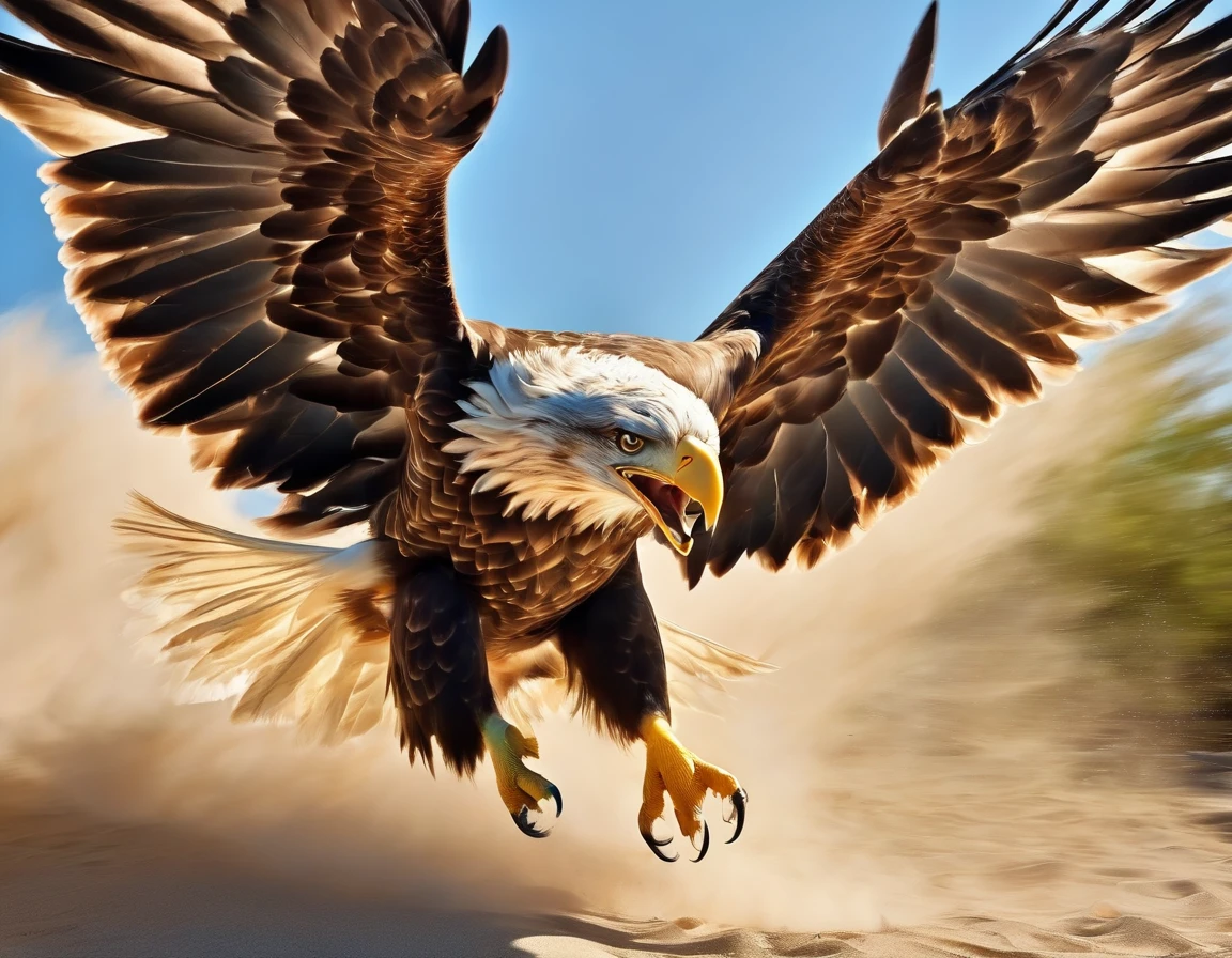 Draw a flying eagle landing on the ground,Motion Blur,wingの動きにブレを加えて躍動感を表現する,Wind,(Windのエフェクト),Landing scene,Scene Design,National Geographic,Photographed by a professional photographer,Fujifilm,A great photo capturing the moment of landing,Photorealistic,Intricate details,masterpiece,Beautiful light and shadow,Very realistic texture,wing,Anatomically correct,Ultra-realistic Eagle,Flying sand,halation