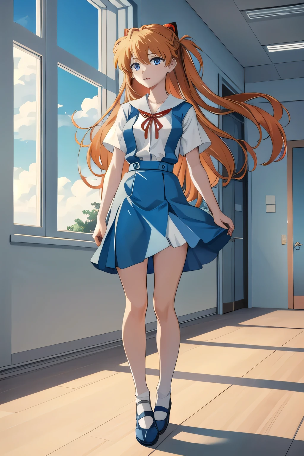 (masterpiece, highest quality, detailed), One girl, alone, indoor, window, blue sky, corridor,
Soryu Asuka Langley, Interface Headset, Suspender skirt, Red ribbon, White shirt, , under shoes, shoes