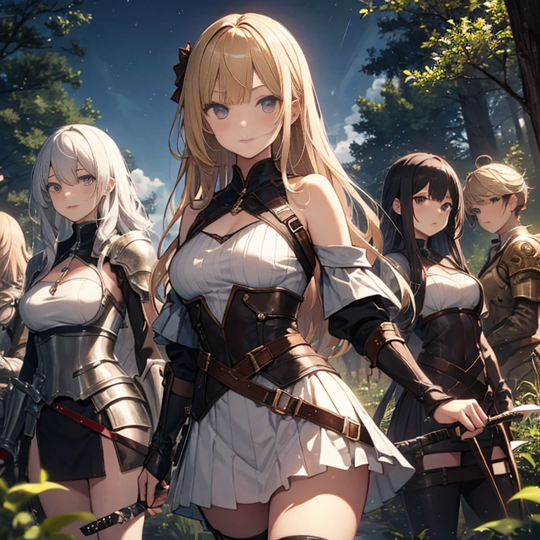 A group of  female knights, (in forest), various hair styles, harem, wearing armored clothes, metal armor, night, details face, short skirt, seducing, sword,