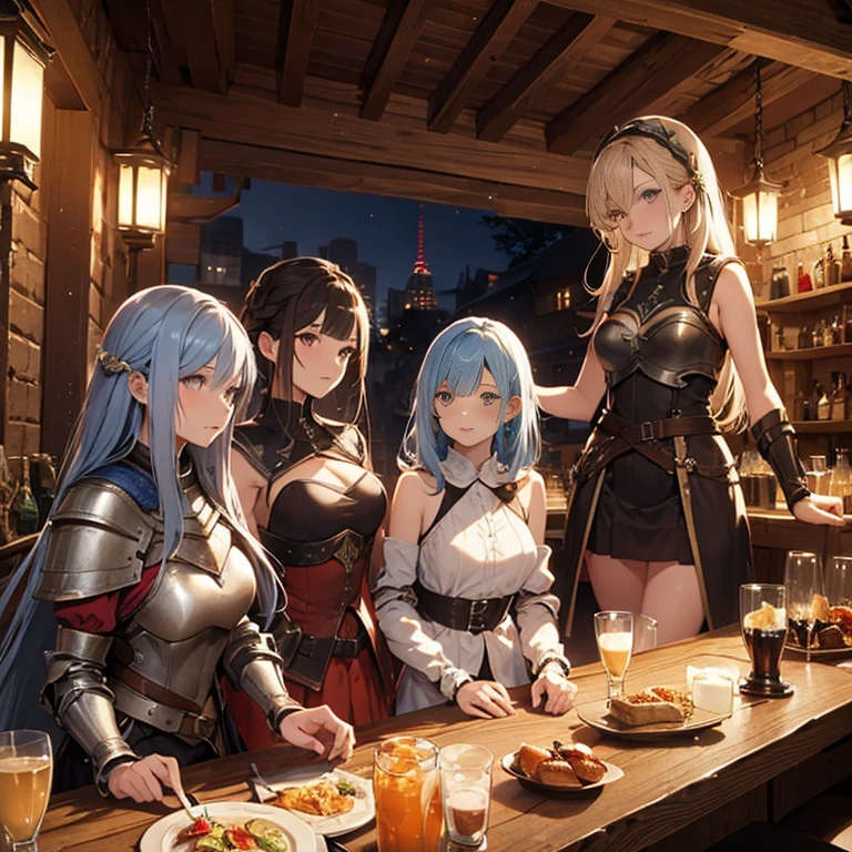 A group of female medieval fantasy adventurers, (in tavern), various hair styles, harem, night, details face, short skirt, seducing, sleeveless, armor