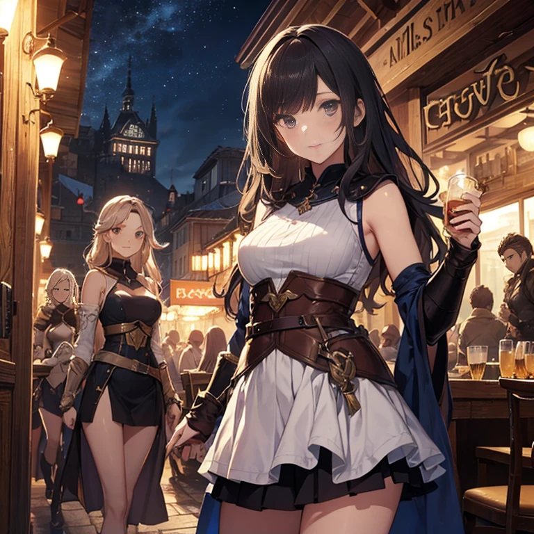 A group of  female medieval fantasy adventurers, (in tavern), various hair styles, harem, night, details face, short skirt, seducing, sleeveless, armor 