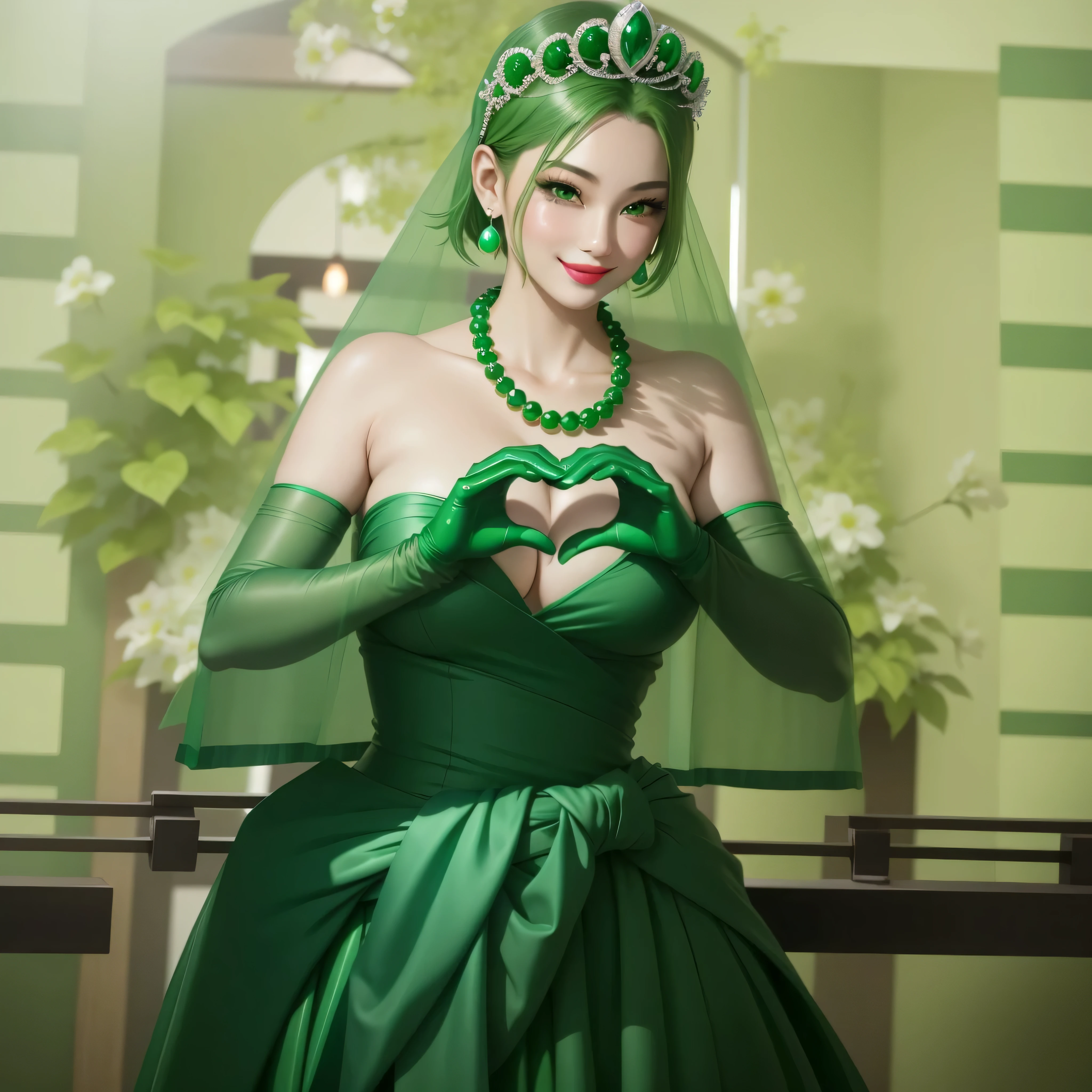 Emerald Tiara, Green Pearl Necklace, boyish very short green hair, Green Lips, Smiling Japanese woman, Very short hair, Beautiful woman with big breasts, Green Eyes, Green satin long gloves, Green Eyes, Emerald Earrings, Green Vale, Heart with both hands, Green Hair, Beautiful Japanese Women, Heart shaped hands:1.3, green lip gloss
