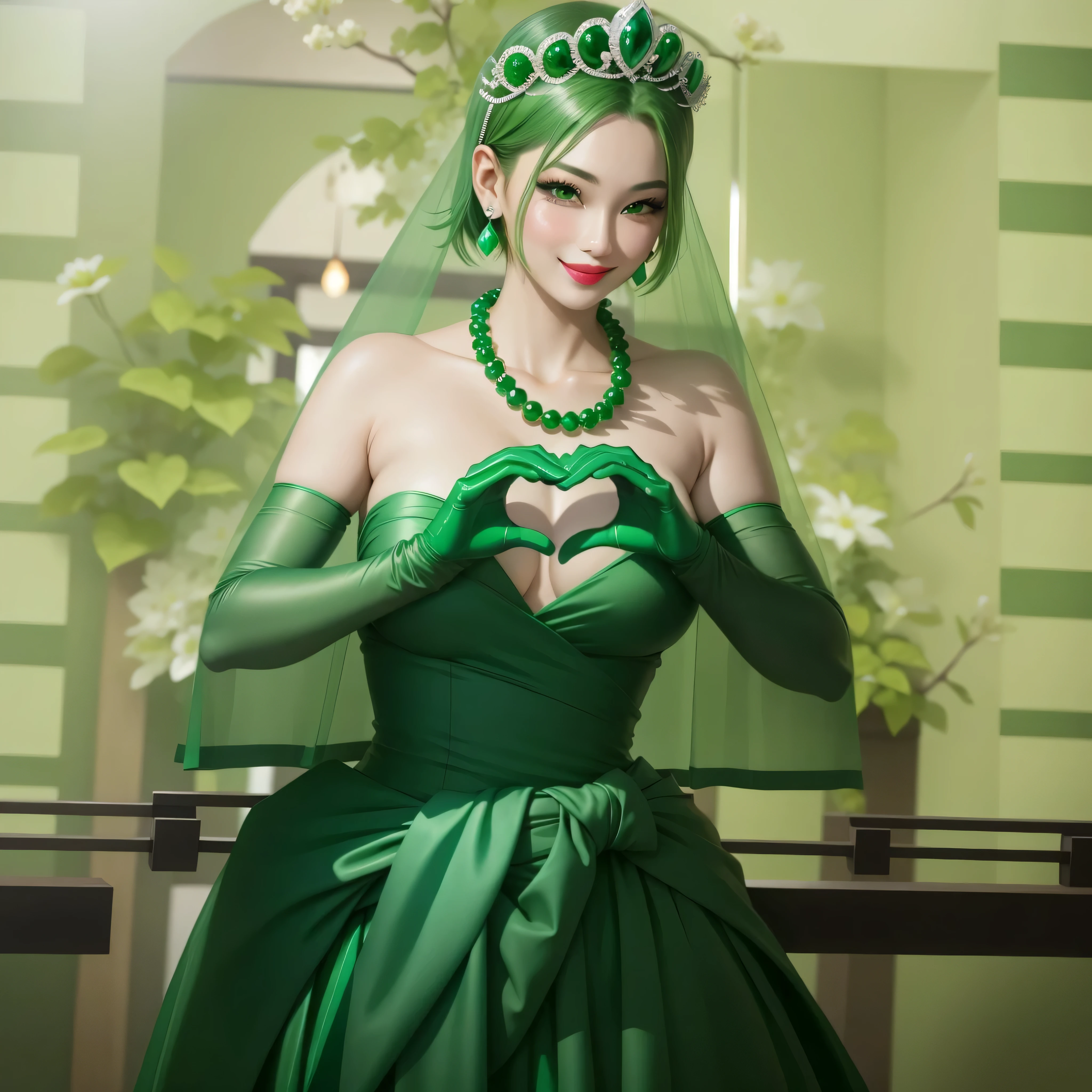 Emerald Tiara, Green Pearl Necklace, boyish very short green hair, Green Lips, Smiling Japanese woman, Very short hair, Beautiful woman with big breasts, Green Eyes, Green satin long gloves, Green Eyes, Emerald Earrings, Green Vale, Heart with both hands, Green Hair, Beautiful Japanese Women, Heart shaped hands:1.3, green lip gloss