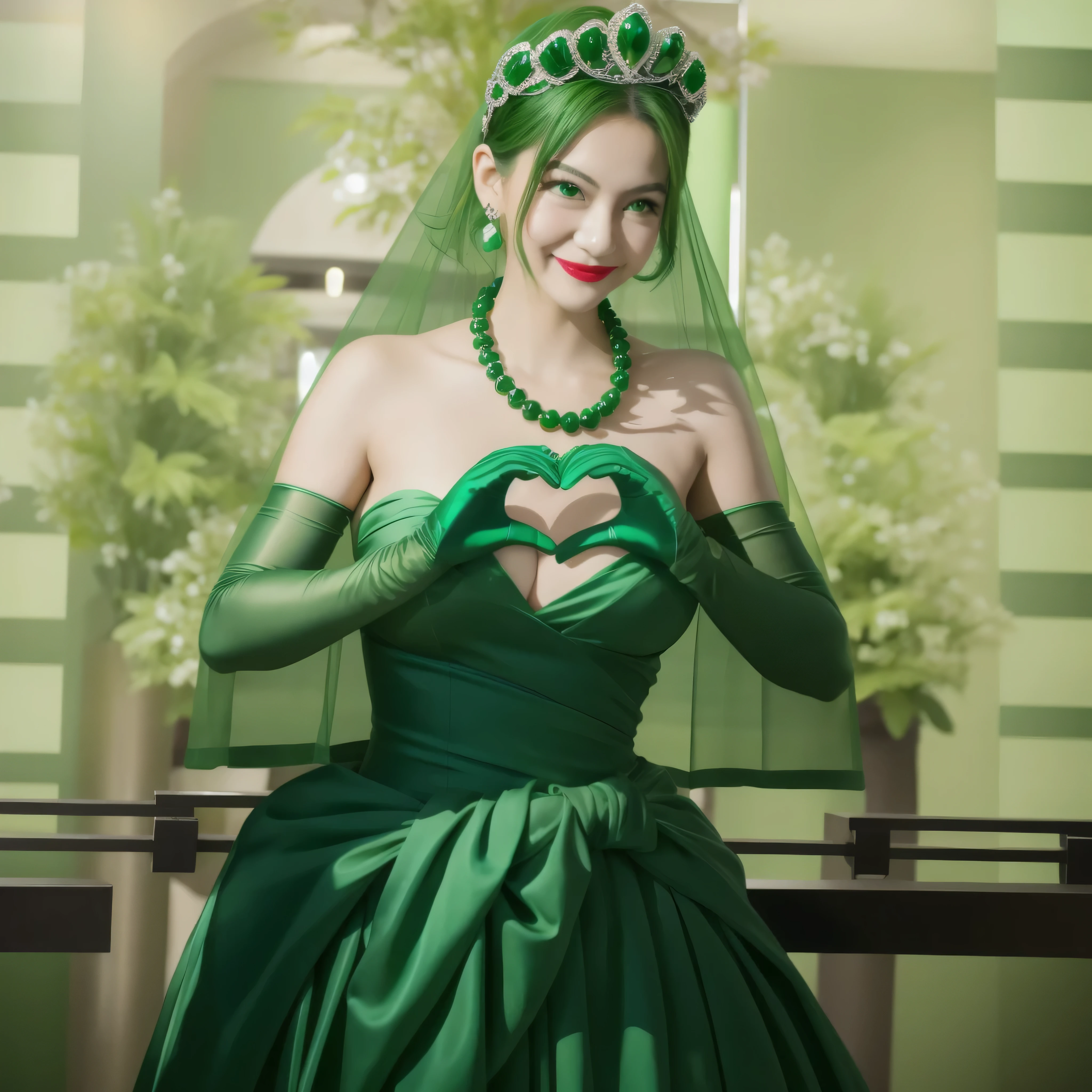 Emerald Tiara, Green Pearl Necklace, boyish very short green hair, Green Lips, Smiling Japanese woman, Very short hair, Beautiful woman with big breasts, Green Eyes, Green satin long gloves, Green Eyes, Emerald Earrings, Green Vale, Heart with both hands, Green Hair, Beautiful Japanese Women, Heart shaped hands:1.3, green lip gloss