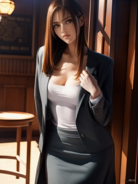 (8ก, 最high quality: 1.2), 非常にdetailed, thorough solution, (Realistic, Realistic photo: 1.37), Portraiture, High resolution RAW color photograph, arrested in the line of duty, High resolution and beautiful, High resolution, 8ก Image Wallpaper, 驚くべきdetailed, Large file size, 非常にdetailedbeautiful女の子, 非常にdetailed face, (きめ細かく超beautiful瞳:1.8), the nose has the correct shape., expressive lips,(Big House, Seaside restaurant background:1.2) , one story, pretty girl, Realistic、 (Movie Scenes,Fantasy art,最high quality,high quality,High resolution,high qualityな質感,Attention to detail,beautiful,detailed,非常にdetailedCG,detailedテクスチャー,Realistic representation of face,Tabletop,in front,dynamic,bold),1 girl,非常にdetailed肌,curve,(Covered nipples:0.8),beautiful胸,Small breasts,Pale skin,Pointed Chest,Erect nipples,(Very thin hair),(Very soft hair),(Super Straight Hair),Long, flowing bangs,Very light coppery amber hair,Hair above one eye,very thin body,Smart abs,(suit:1.5. gray long skirt),