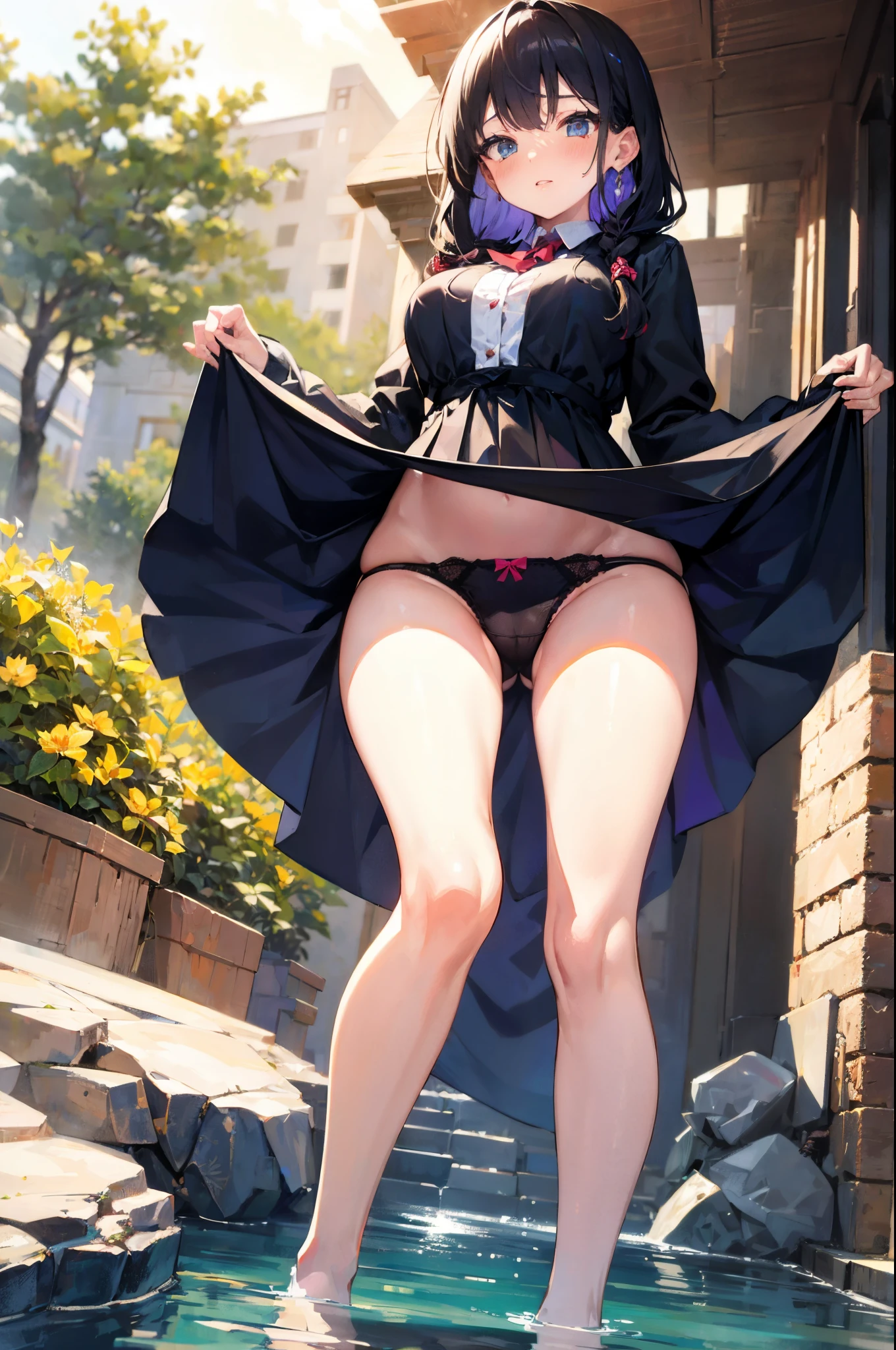 skirt lift、skirt lift、show off panties、Random hair color、8K, highest quality, masterpiece, Ultra-detailed、Young face、、full lips、Blushing、lipstick、Big Breasts、Perfect hands、Detailed hand、side braid,Random Panties、Showing panties、Blushing、Feeling embarrassed、riverside、clear water、bridge、sundress、waterfall