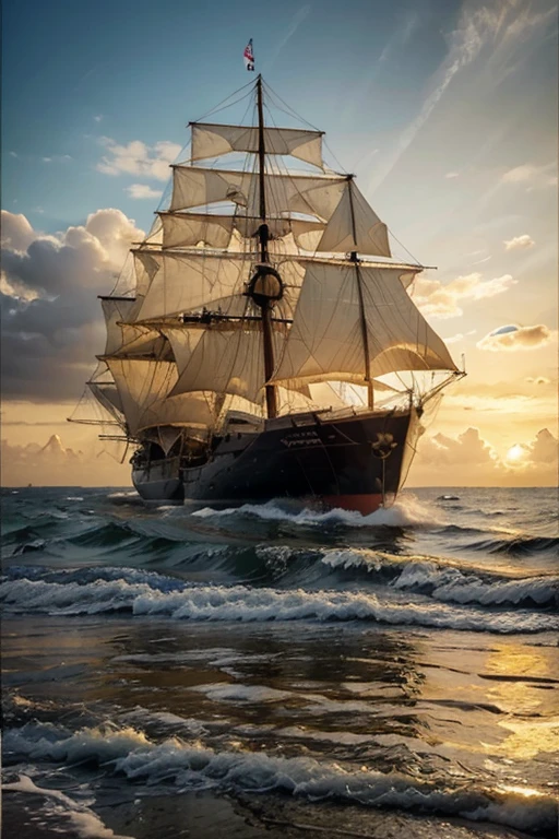 image as if it were a canvas made in oil paint of a ship crossing the ocean at the end of the day, tons de amarelo e marrom, qualidade normal