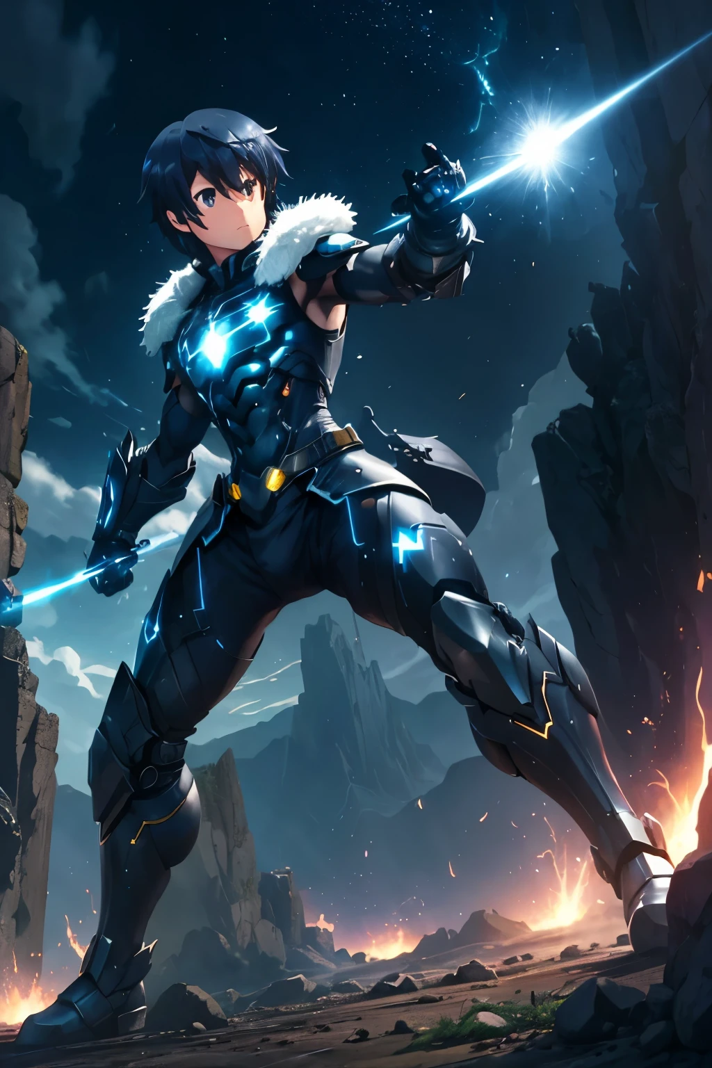 (best quality,highres:1.2), detailed fantasy art, serious expression, robot-like eyes, fighting stance, mochizuki touya, isekai ea smartphone to tomo ni, in another world whit my smartphone, el cabello es negro, los ojos son de robot, detailed fantasy art, postura de lucha, cuerpo completo, red lens flare, It&#39;s night and there is black lightning in the sky