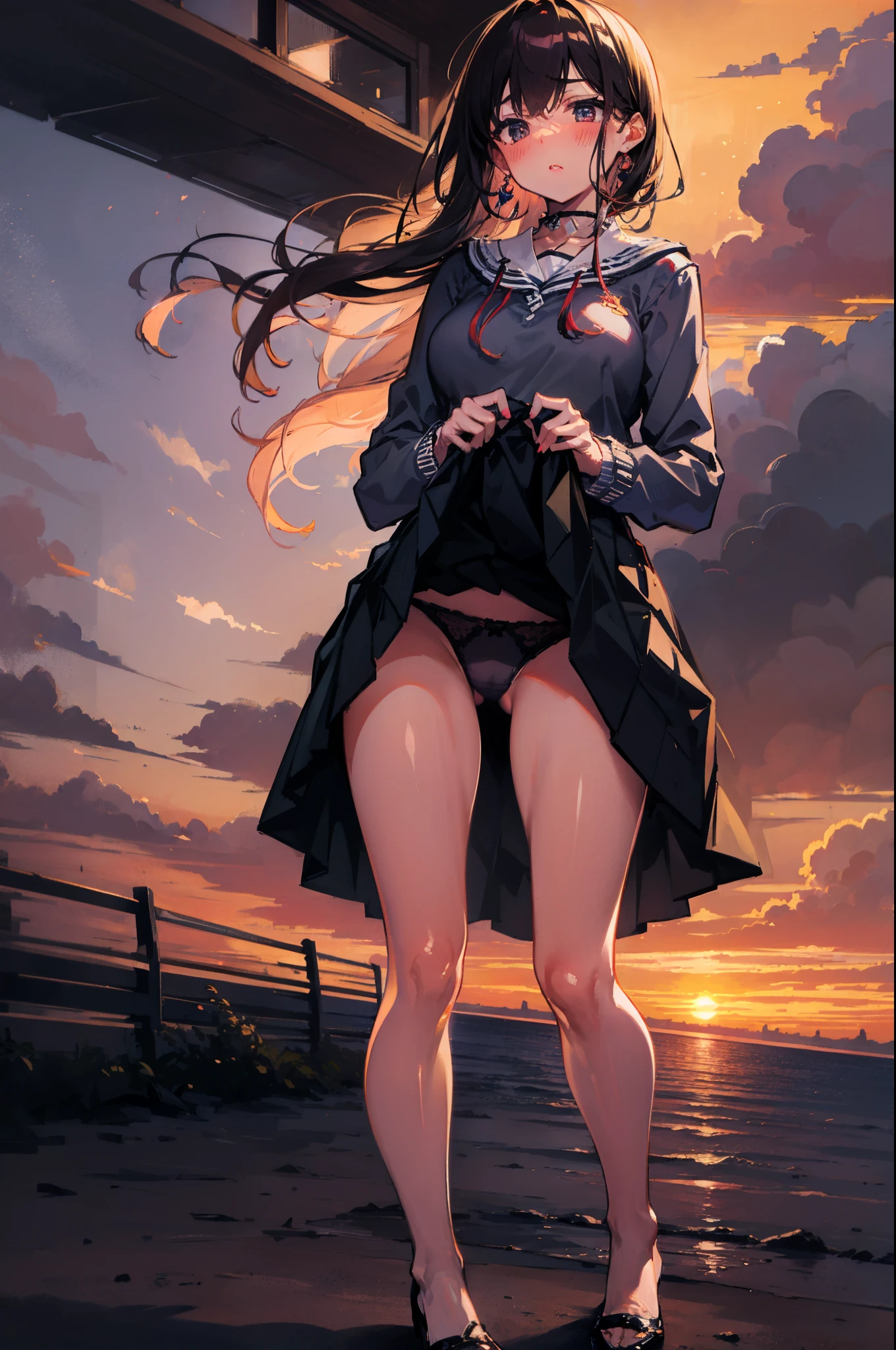 skirt lift、skirt lift、show off 、Random hair color、8K, highest quality, masterpiece, Ultra-detailed、Young face、17 yearips、Blushing、lipstick、Big Breasts、Perfectiled hand、dutch angle、blunt bangs、in the car,Random Panties、Showing panties、Blushiing embarrassed、,blush,babydoll、