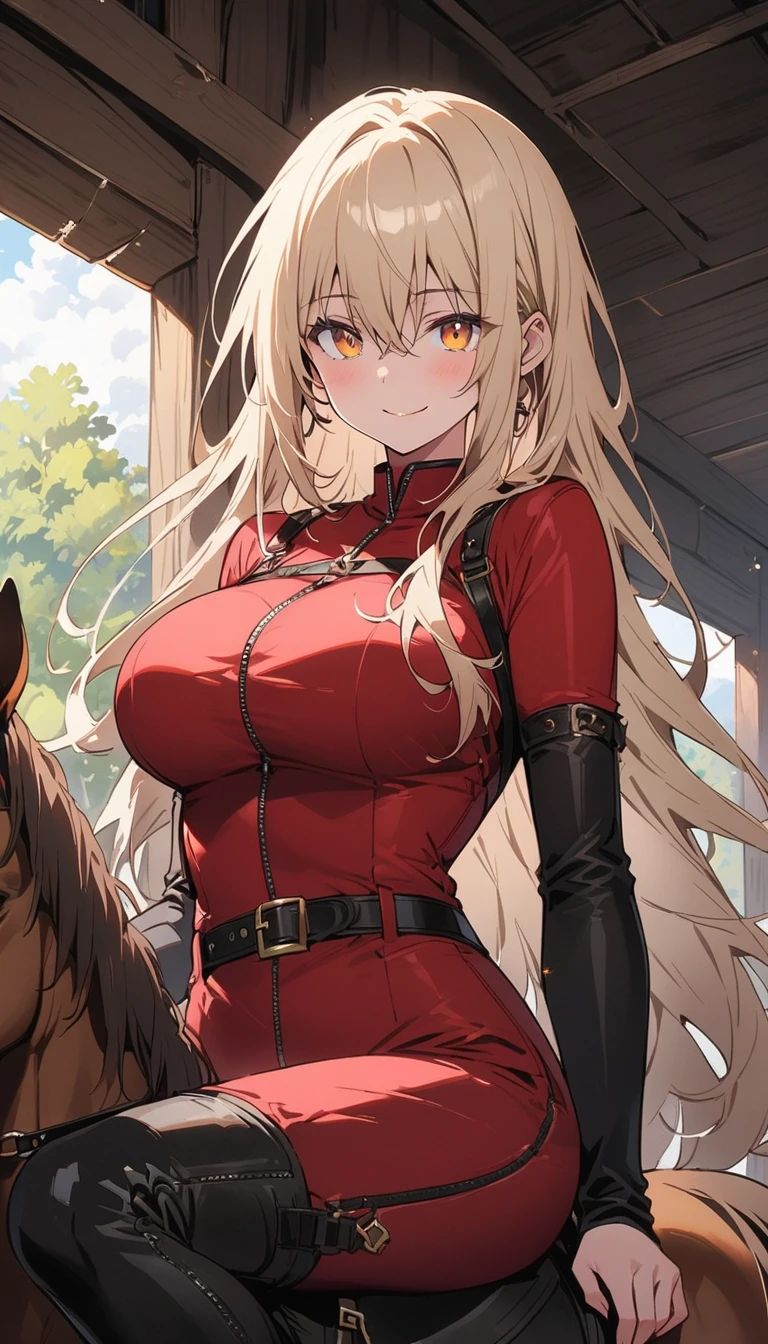 masterpiece, highest quality, One girl, (Horseback riding)((Looking into the distance)), (riding outfit、Riding boots), Hair between the eyes, big breasts, Adult, 20-year-old, mature,, alone, only, smile, 、(highest quality、masterpiece、High resolution、detailed)animeスタイル、flat style、(Shining Eyes、detailed美しい顔), BREAK,anime