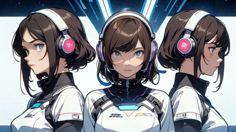 Multiple Views of the same character,Charterner v2, One girl, Slender figure, (Headphones),Brown Hair, Long Hair, blue eyes, same clothes, Concept Art, detailed_face, line_sketch, plan, Official Art, Official Alternative Costumes, Design style, multi style, detailed character, 4_~ side, original, 8K GC, massive detailed, Multiple Views of the same character, character, technical illustration, Multiple Views,masterpiece,highest quality(masterpiece, highest quality), 32k,(非常にdetailedな美しい女性), Poster,SF,Bauhaus, shape, Abstract,movie Poster, Vintage,Retro,Future Anime,The ultimate map,highlight,Headphones,Very detailed glowing eyes,Cleavage,Complex patterns,stylish hairstyle,fluorescence((White clothes)),Starry Sky,cyber punk