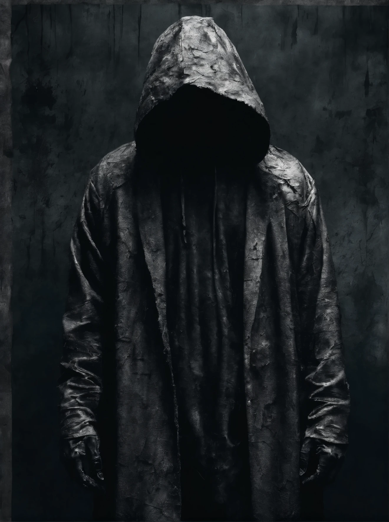 Create an ultra-wide photo of a decrepit zombie wearing an Adidas coat and hood., on an abstract background. The overall style of the image should be minimalistic with a touch of Artgem.. The zombie should be depicted in a decrepit and corpse style., with an emphasis on creating a sense of horror and decay. The Adidas coat and hood must be rendered in high detail., with an emphasis on conveying the texture and style of clothing. The background of the image should be an abstract design., with an emphasis on creating a sense of depth and contrast with the foreground. The image must be presented in a wide format., with an emphasis on creating a sense of scale and drama in the scene.