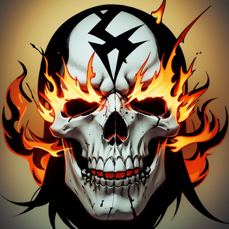 Line art、flat、Medically correct skull head、Burning in flames、front、Logo、