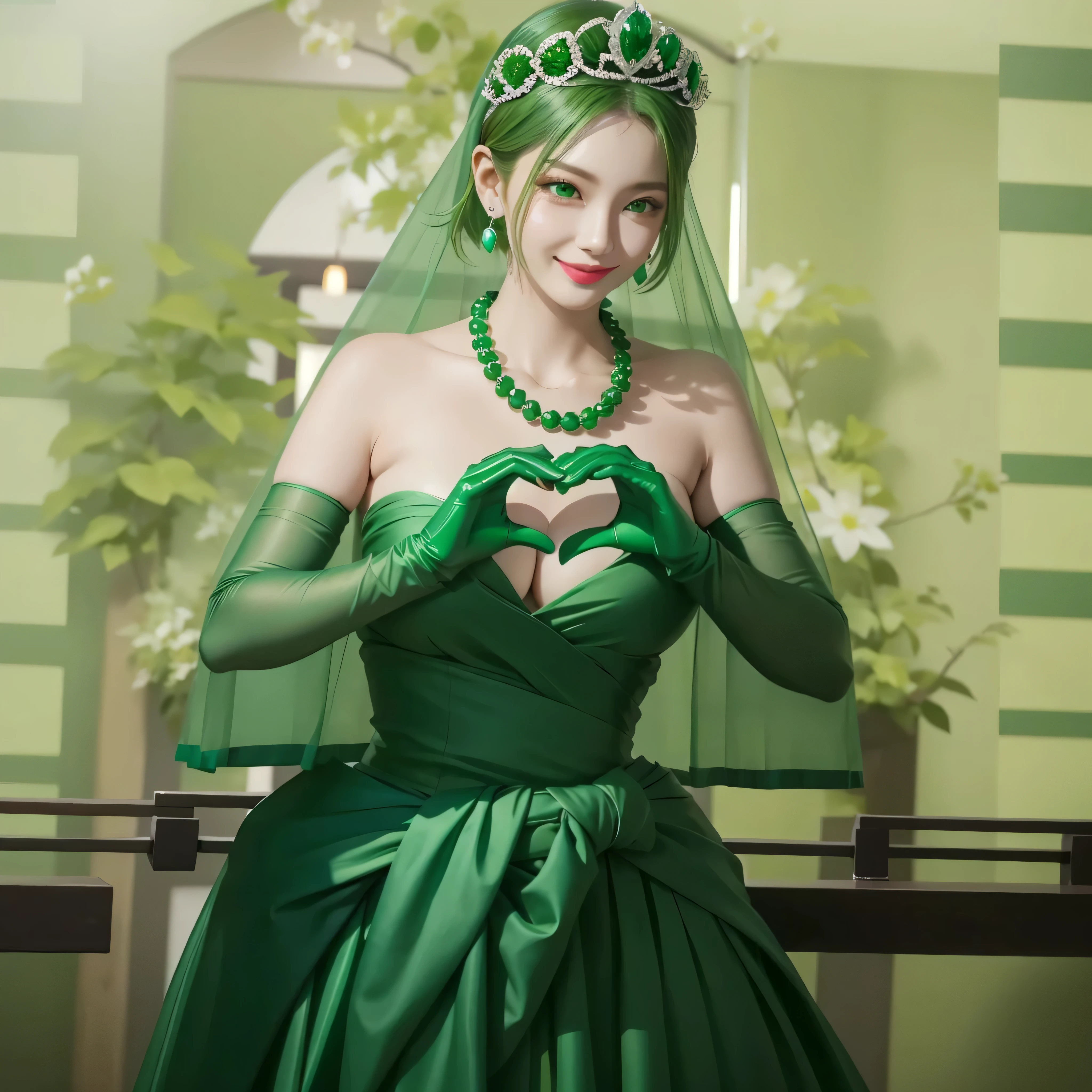 Emerald Tiara, Green Pearl Necklace, boyish very short green hair, Green Lips, Smiling Japanese woman, Very short hair, Beautiful woman with big breasts, Green Eyes, Green satin long gloves, Green Eyes, Emerald Earrings, Green Vale, Heart with both hands, Green Hair, Beautiful Japanese Women, Heart shaped hands:1.3, green lip gloss