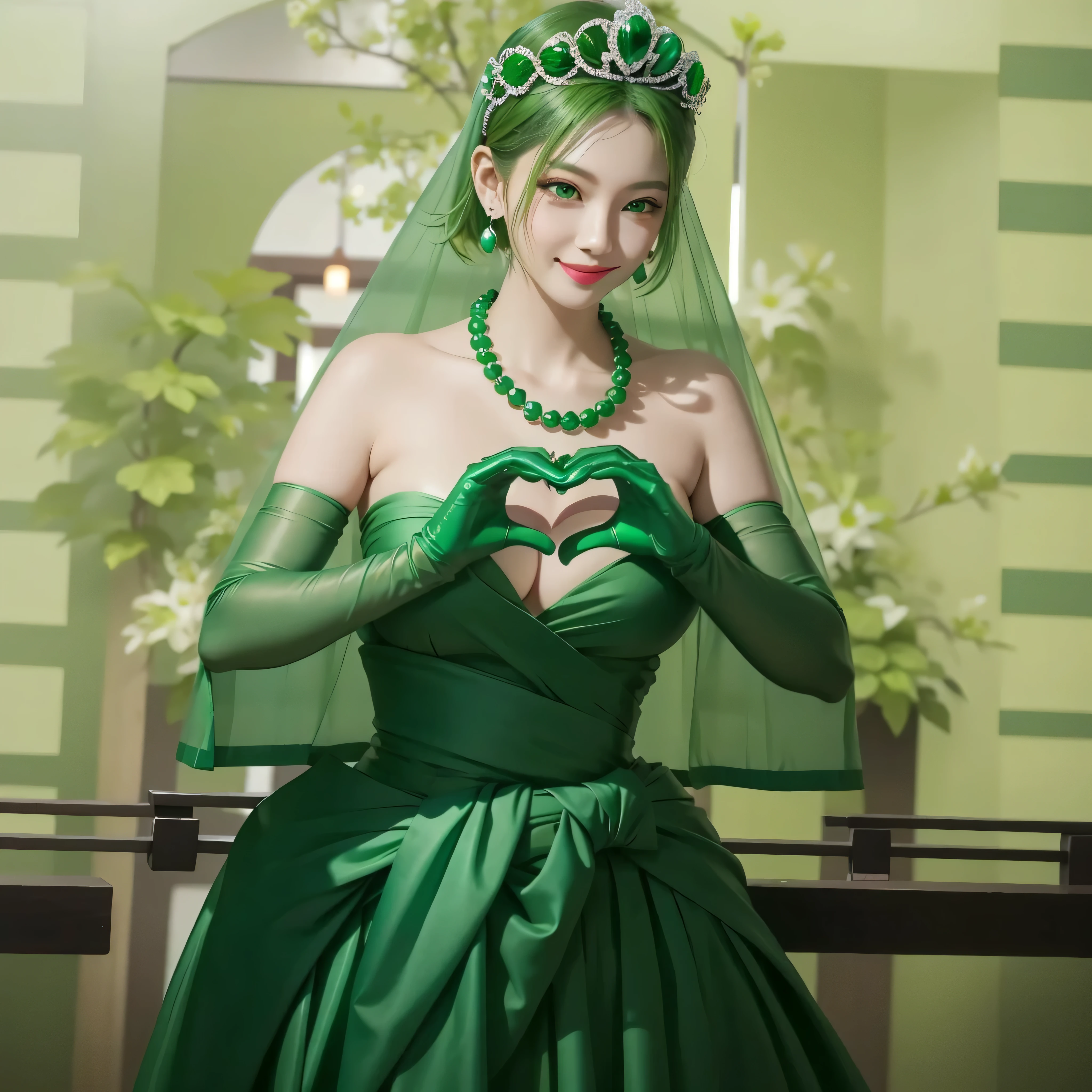 Emerald Tiara, Green Pearl Necklace, boyish very short green hair, Green Lips, Smiling Japanese woman, Very short hair, Beautiful woman with big breasts, Green Eyes, Green satin long gloves, Green Eyes, Emerald Earrings, Green Vale, Heart with both hands, Green Hair, Beautiful Japanese Women, Heart shaped hands:1.3, green lip gloss