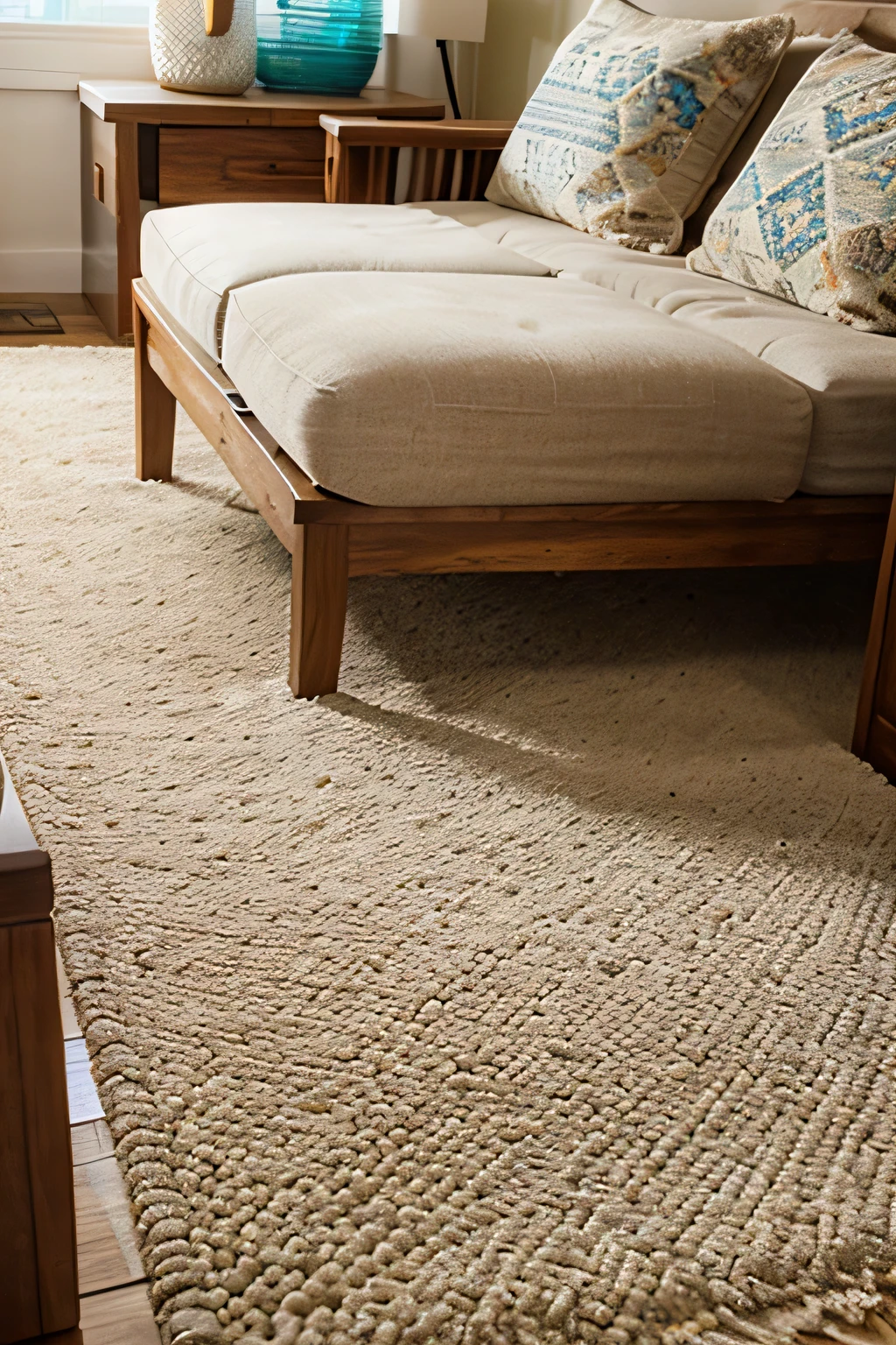 colorful, medium sized realistic carpet in a beach house wooden furniture, light, warm soft light