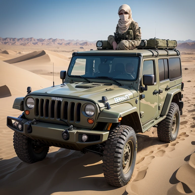 camouflage military jeep, a blonde beautiful young girl stands next to her at full height, camouflage special forces uniform, khaki, hijab 🧕, dust mask, Desert, Dunes, Bright lighting, realistically, professional photo 📷