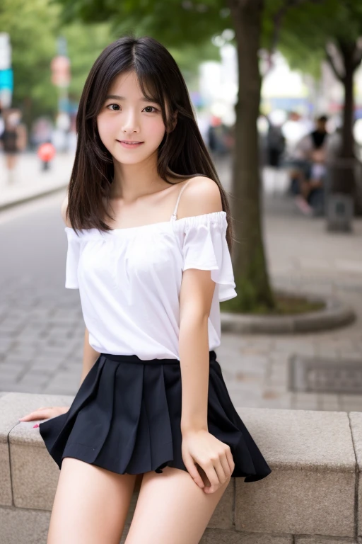 masterpiece, high-quaiity,(Correct Anatomy),Raw Photos, Photorealistic、Cute face,well-proportioned face、Embarrassed look,Japanese、She&#39;s cute like a Korean idol、Embarrassed face,Black Hair,White off-shoulder,mini skirt,skirt lift,up skirt,(bottomless),The front of the body is facing the camera、the body foward to camera,Standing in the city,(spread legs),((show girl's genitalia)),(Showing her lower body without underwear),(Young and showing bare crotch),She has her legs spread apart, exposing her crotch,Her legs are spread apart, exposing her genitals,(13years old),13 years old,(girl),solo、outside,long hair,Long Hair,spread knees,looking at the camera,Narrow waist,High resolution,Super detailed,Fine details,Very detailed,Realistic eyes and faces,Realistic students,Sharp Focus,natural light,day light,flat chest,wearing white sneakers,high quality