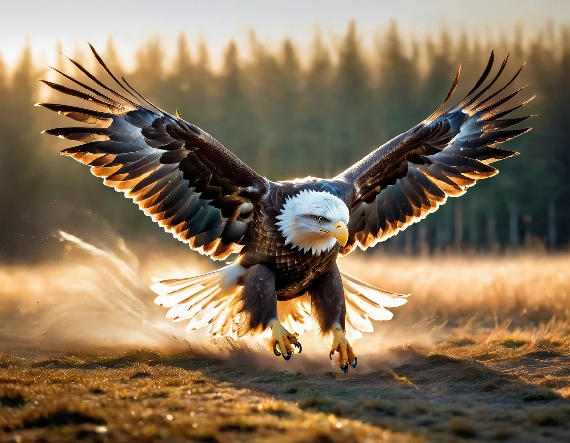 Draw a flying eagle landing on the ground,Motion Blur,wingの動きにブレを加えて躍動感を表現する,Wind,(Windのエフェクト),Landing scene,Scene Design,National Geographic,Photographed by a professional photographer,Fujifilm,A great photo capturing the moment of landing,Photorealistic,Intricate details,masterpiece,Beautiful light and shadow,Very realistic texture,wing,Anatomically correct,Ultra-realistic Eagle,