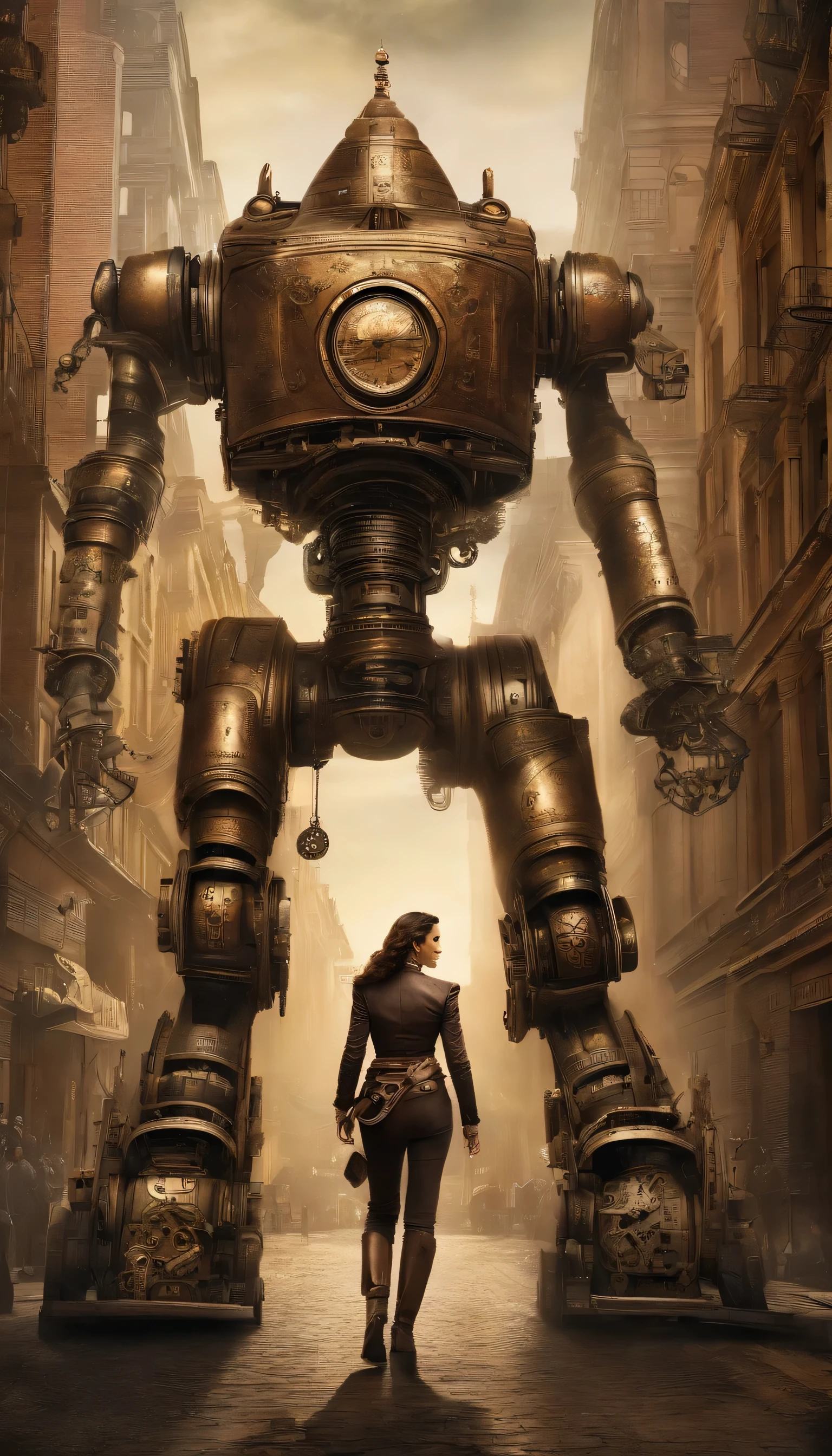 arafed robot standing in a city street with a woman walking by, by Guillermo del Toro, film still of gal gadot, symmetrical dieselpunk warrior, big titan creature in the center, by Slobodan Pejić, filmstill, victorian setting, by Agustín Fernández, rorschach, from the avengers (2012)