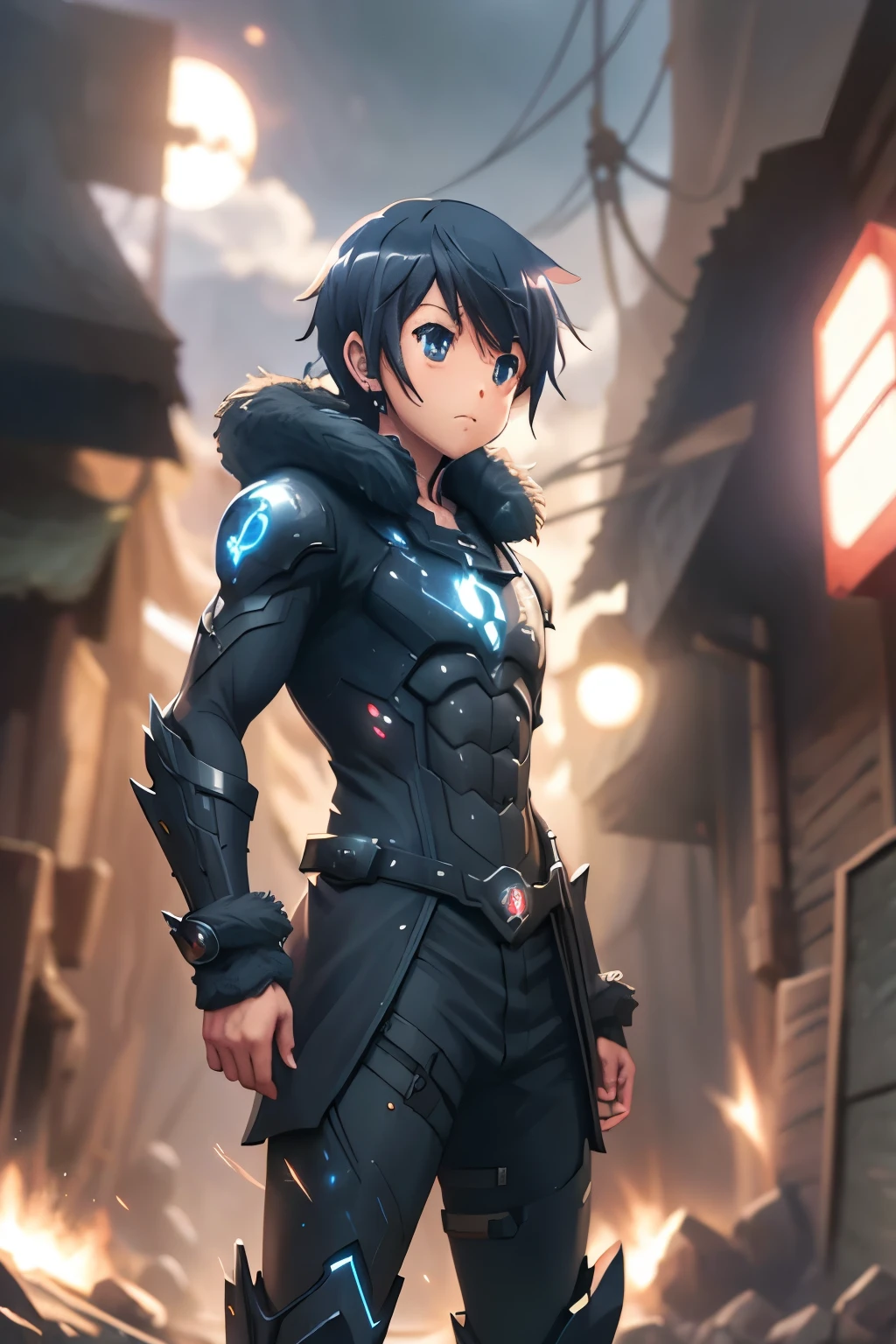 (best quality,highres:1.2), detailed fantasy art, serious expression, robot-like eyes, fighting stance, mochizuki touya, isekai ea smartphone to tomo ni, in another world whit my smartphone, el cabello es negro, los ojos son de robot, detailed fantasy art, postura de lucha, cuerpo completo, red lens flare, It&#39;s night and there is black lightning in the sky