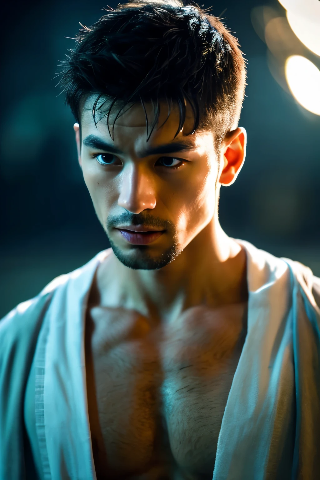 (8K, RAW photo, Highest quality), Realistic, Japanese man, frontage, Intricate details, Closed mouth, Extremely detailed eyes and eyelasheuscular male, Manly,l ooks away, Male focus, Solo, Open the transparent robe，Exposing the pectoral muscles，Exposing abs, full bodyesbian, Night sky, Soft lighting, Cinematic lighting, Portrait, Close-up, Lovingly