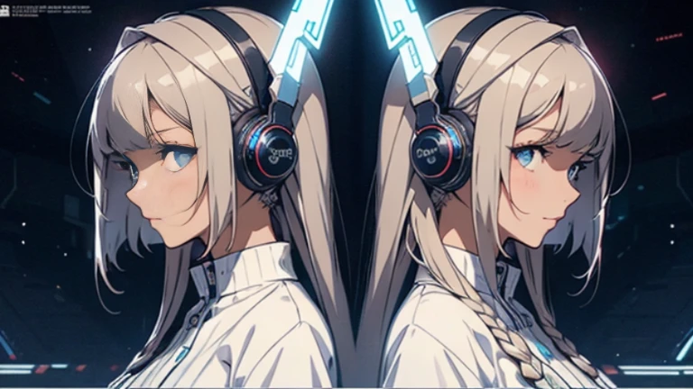Multiple Views of the same character,Charterner v2, One girl, Slender figure, (Headphones),Brown Hair, Long Hair, blue eyes, same clothes, Concept Art, detailed_face, line_sketch, plan, Official Art, Official Alternative Costumes, Design style, multi style, detailed character, 4_~ side, original, 8K GC, massive detailed, Multiple Views of the same character, character, technical illustration, Multiple Views,masterpiece,highest quality(masterpiece, highest quality), 32k,(非常にdetailedな美しい女性), Poster,SF,Bauhaus, shape, Abstract,movie Poster, Vintage,Retro,Future Anime,The ultimate map,highlight,Headphones,Very detailed glowing eyes,Cleavage,Complex patterns,stylish hairstyle,fluorescence((White clothes)),Starry Sky,cyber punk