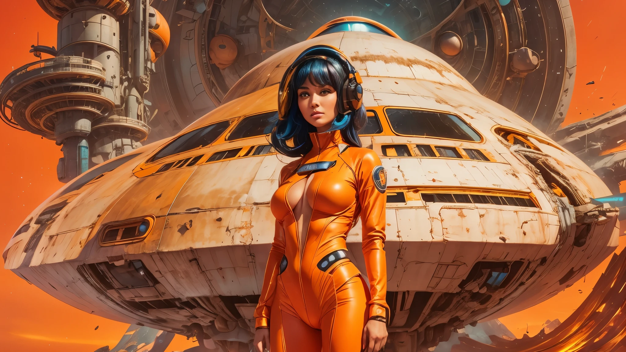 there is a woman standing in front of a futuristic spaceship, glenn barr, 8 k matte painting, very very very hr giger, looks like christina ricci, jean giraud 8 k, trending on artforum, esteban maroto, epic diptych, super symmetry, barbarella --auto --s2