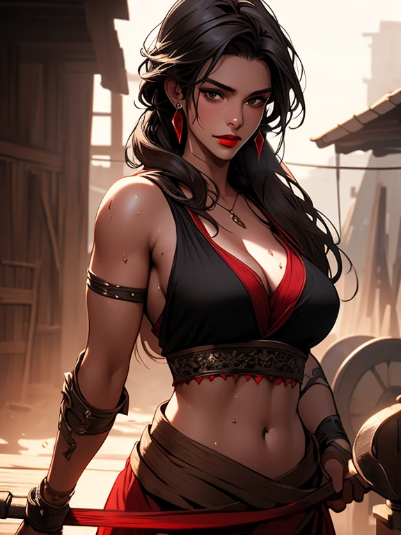 Masterpiece, digital artwork, A beautiful gorgeous sweaty blacksmith woman, perfect face, sharp nose, full red lips, dynamic volumetric cinematic lighting, highly detailed, intricately detailed,
