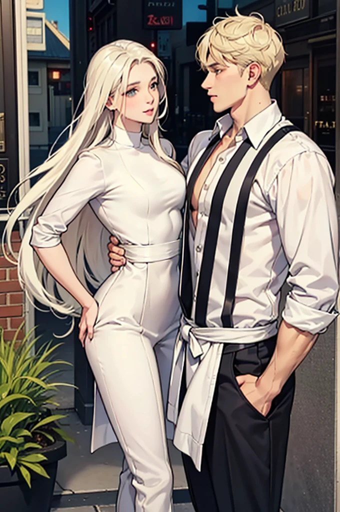 Couple. 1 tall, handsome, statuesque, masculine, athletic young man is platinum blonde, he has tanned skin, blue eyes, long straight white hair, long bangs, he is dressed in light linen trousers and a linen shirt. 1 incredibly beautiful young woman with long golden hair, long bangs, blue eyes, dressed in a light summer dress. They're in love. Romance. A masterpiece. Full-length image. Detailed drawing of the face.