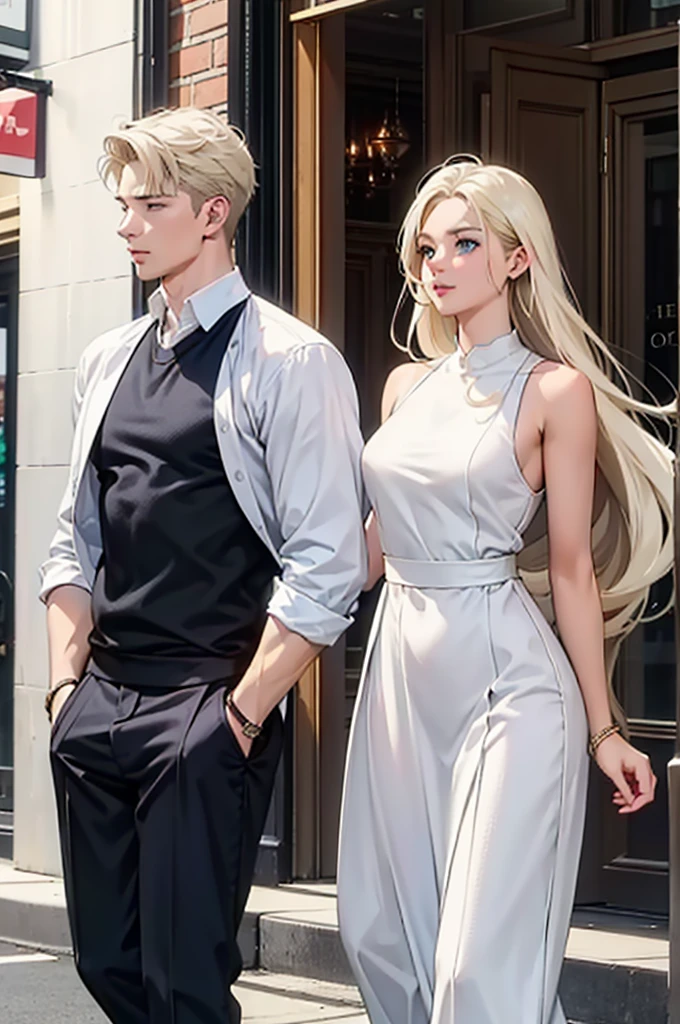 Couple. 1 tall, handsome, statuesque, masculine, athletic young man is platinum blonde, he has tanned skin, blue eyes, long straight white hair, long bangs, he is dressed in light linen trousers and a linen shirt. 1 incredibly beautiful young woman with long golden hair, long bangs, blue eyes, dressed in a light summer dress. They're in love. Romance. A masterpiece. Full-length image. Detailed drawing of the face.