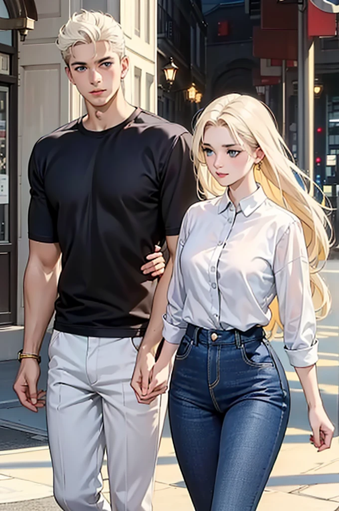 Couple. 1 tall, handsome, statuesque, masculine, athletic young man is platinum blonde, he has tanned skin, blue eyes, long straight white hair, long bangs, he is dressed in light linen trousers and a linen shirt. 1 incredibly beautiful young woman with long golden hair, long bangs, blue eyes, dressed in a light summer dress. They're in love. Romance. A masterpiece. Full-length image. Detailed drawing of the face.