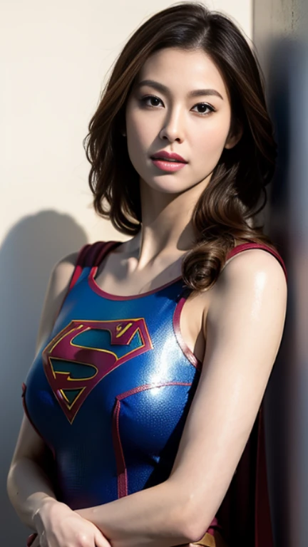 half length,1 Girl,(Perfect figure,be tall and slim),alone,Are standing,(背景にビル群とnull:1),null,Focus on the face,Beautiful Face,detailed delicate young face,Supergirl, (Supergirlスーツ:1.5),Jumpsuit,Wet、(Huge breasts,big ,big breasts:1.3),Thigh Gap,camel toe,Realistic style,Vivid picture,masterpiece, (最high quality:1.2),Super detailed,Realistic,High resolution,high quality,Cinematic Light,Ray Tracing,超High resolution,UHD,(photoRealistic:1.5),Intricate details,Fine texture,finely,high quality shadow