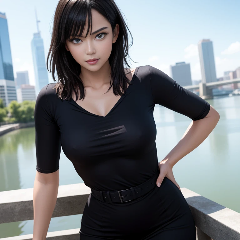 Masterpiece, best quality, detailed face, Fubuki, black hair, black dress, pelvic curtain, posing on a bridge, looking at viewer, neutral face, perfect hands