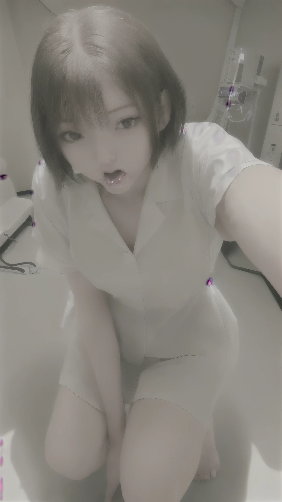 In a hospital，White nurse's uniform，cross-eye，huge tit，staredown，weeping ，Very excited，Suffocating，Can't breathe，climaxing，climaxing，It's almost gone，To go