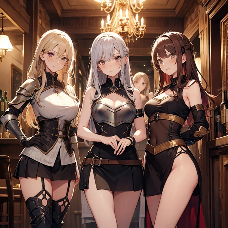A group of female medieval fantasy adventurers, (in tavern), various hair styles, harem, night, details face, short skirt, seducing, sleeveless, armor