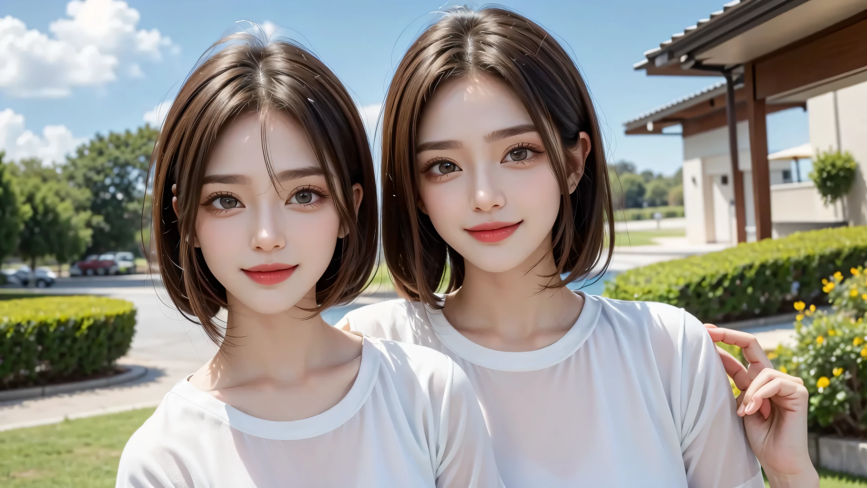 Please keep looking at me、Bright screen、light brown medium bob hair、8K、outdoor、blue sky、Upper body、Photographed alone、40 years old、smile、