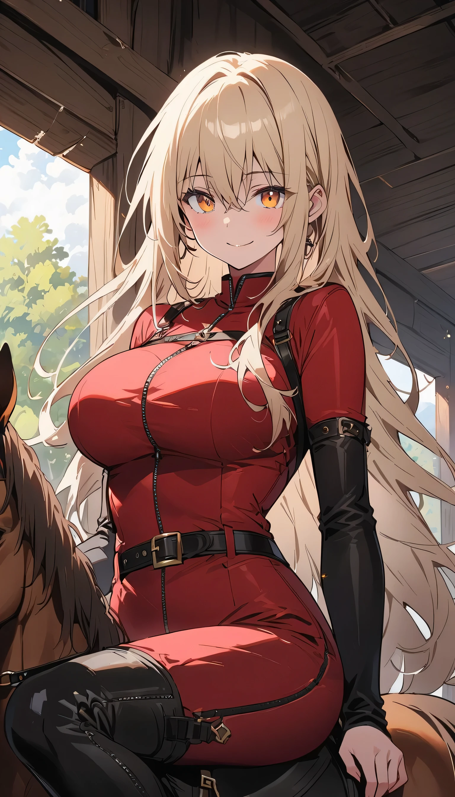 masterpiece, highest quality, One girl, (Horseback riding)((Looking into the distance)), (riding outfit、Riding boots), Hair between the eyes, big breasts, Adult, 20-year-old, mature,, alone, only, smile, 、(highest quality、masterpiece、High resolution、detailed)anime style、flat style、(Shining Eyes、Beautiful Face), BREAK,anime